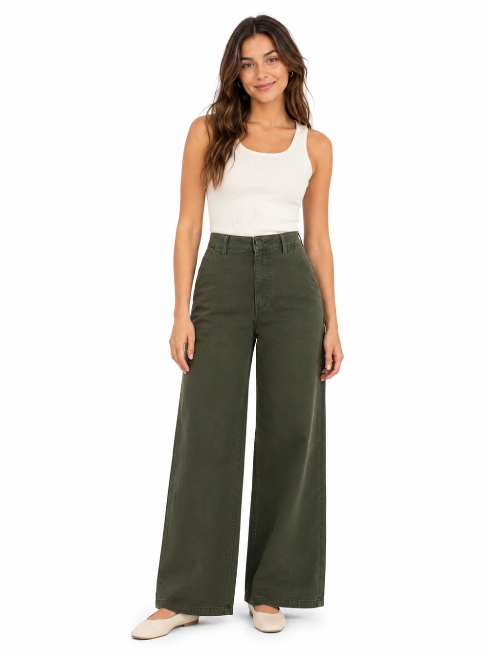 Audrey Parks Olive Green Wide Leg Utility Minimalist Pants 100% Cotton Medium